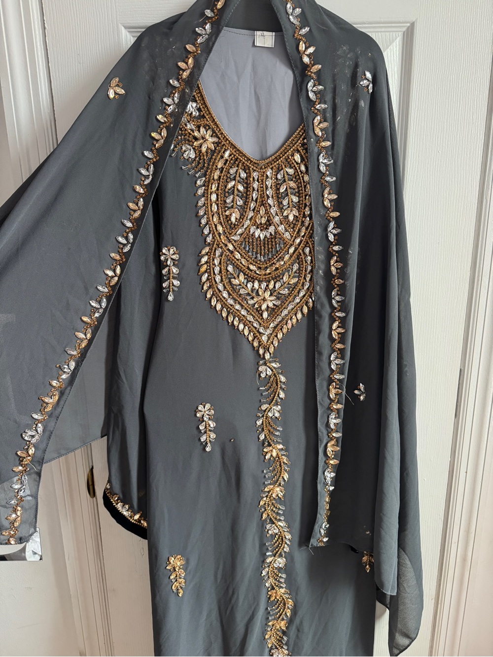 Embellished Grey Maxi Dress with Gold & Silver Beading